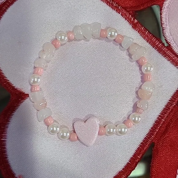 Valentines Day Bracelet Set Pink Gold Pearls Clay Heishi Bracelet Heart Handmade - Picture 3 of 6